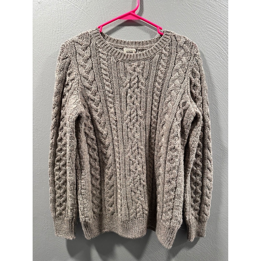 LL Bean Mens Heritage Wool Cable Knit Sweater Made in Ireland Taupe Brown M-REG